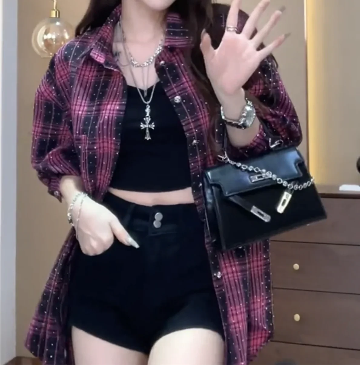 Sparking Korean Fully Hot Diamond Casual Fashion Loose Long Shirt Blouse Women's Autumn Versatile Long Sleeve Plaid Cardigan Top Good Vibrations