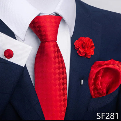Luxury Mens Ties Floral Black Gold Ties Paisley NeckTie Pocket Square Cufflinks Brooch Set Men's Wedding Party Tie Good Vibrations
