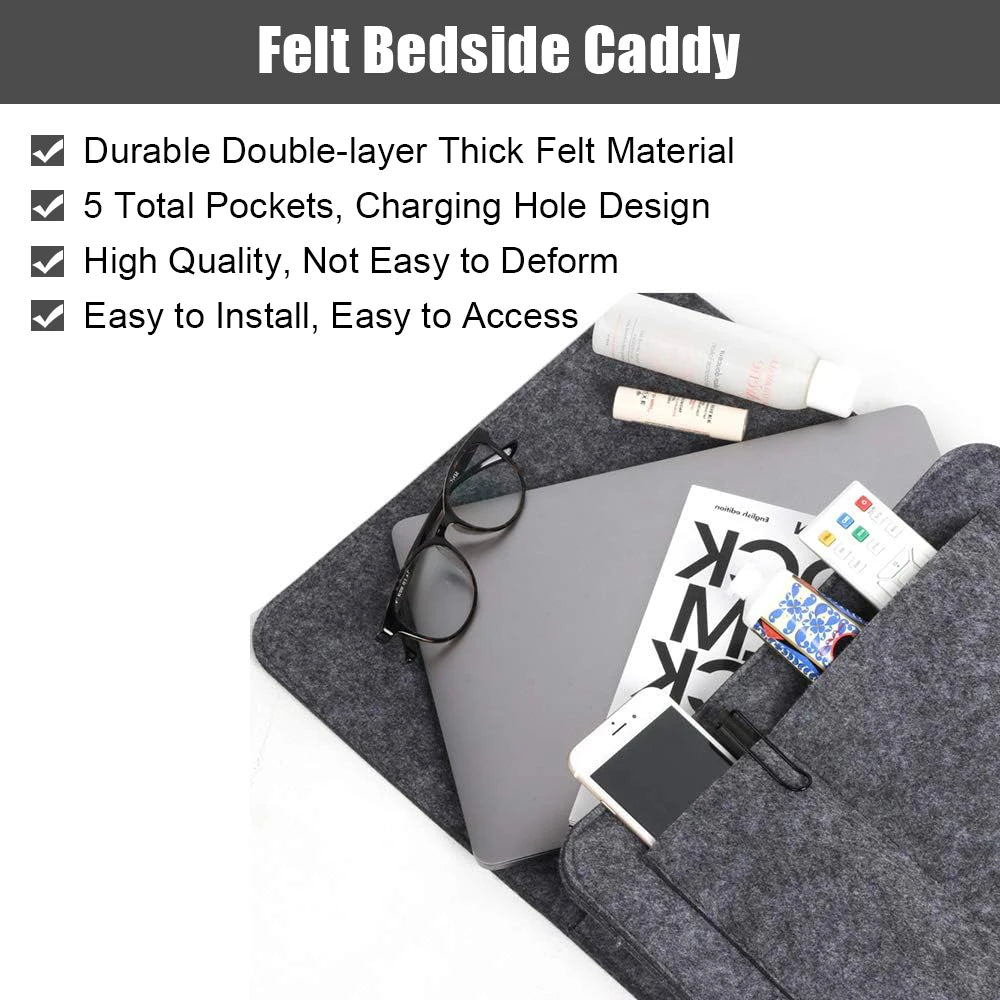 Bed Pockets Bedside Storage Can Hold Tablet Magazine Book Phone,For Bed,Sofa,Felt Bed Side Caddy Organizer With 5 Pockets, Good Vibrations