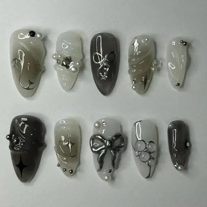 24Pcs False Nails Spicy Girl Silver Bow with Diamond Fake Nails with Glue Almond Press on Nails Black Cool Y2k Almond Nail Set Good Vibrations