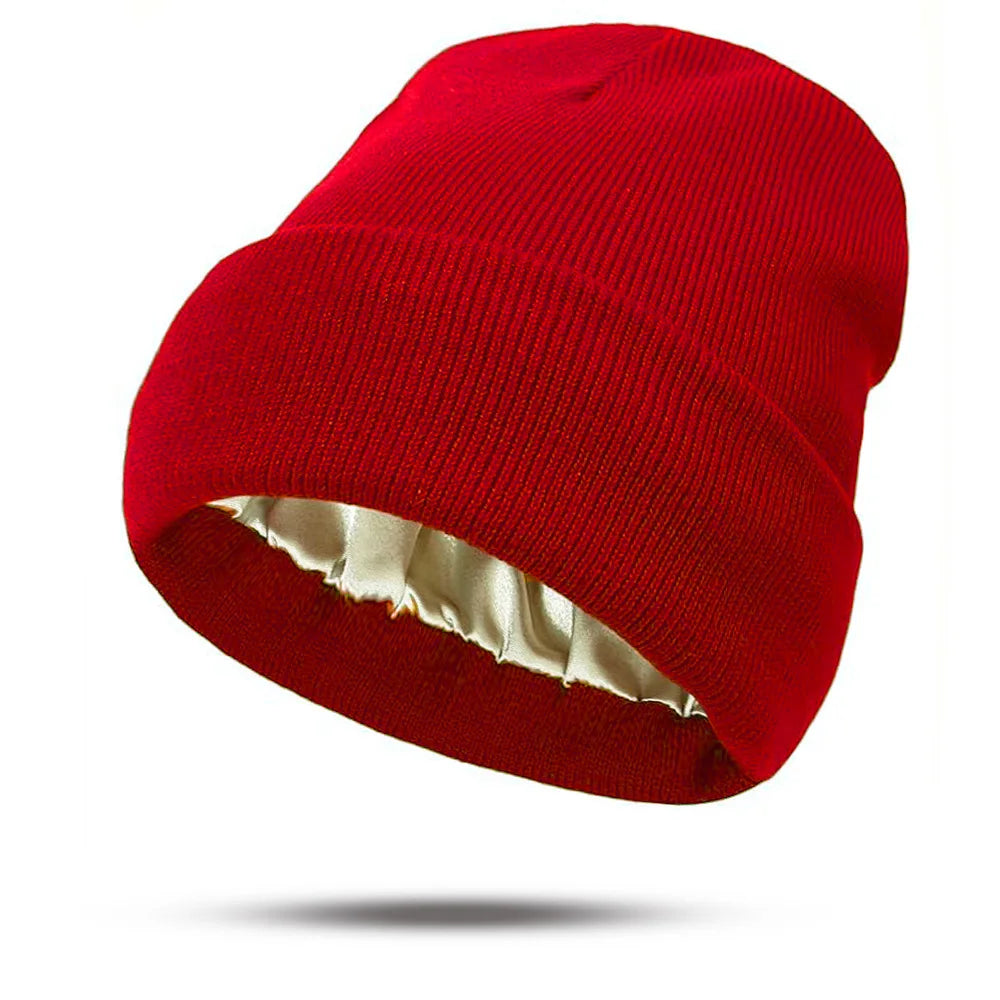 Women's Hats for Autumn&Winter-Comfortable Stylish Versatile Warm-Keeping Hairstyle-Protecting Knitted Satin Woolen Hats Good Vibrations