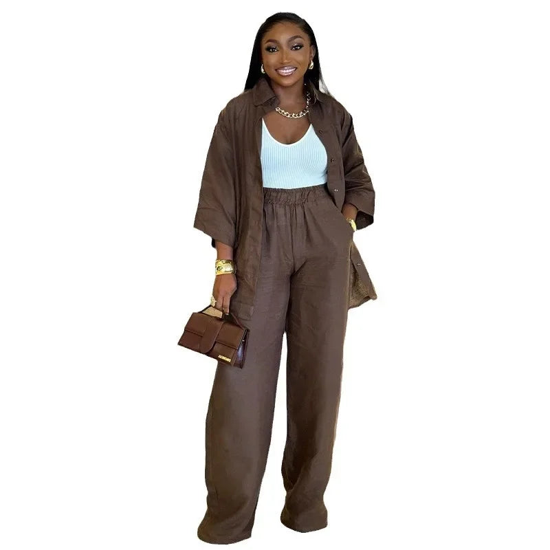 Women Two Piece Pant Sets Women solid Shirt Coffee Round Neck Straight Long Pants Suits Autumn Spring Tracksuit Sets 2025 Good Vibrations