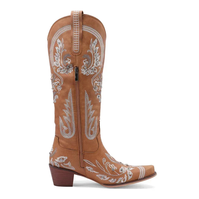 Western Cowboy Knee High Boots for Women Embroidery Flower Rhinestone White Brown Round Toe High Heels Retro Cowgirl Long Boots Good Vibrations