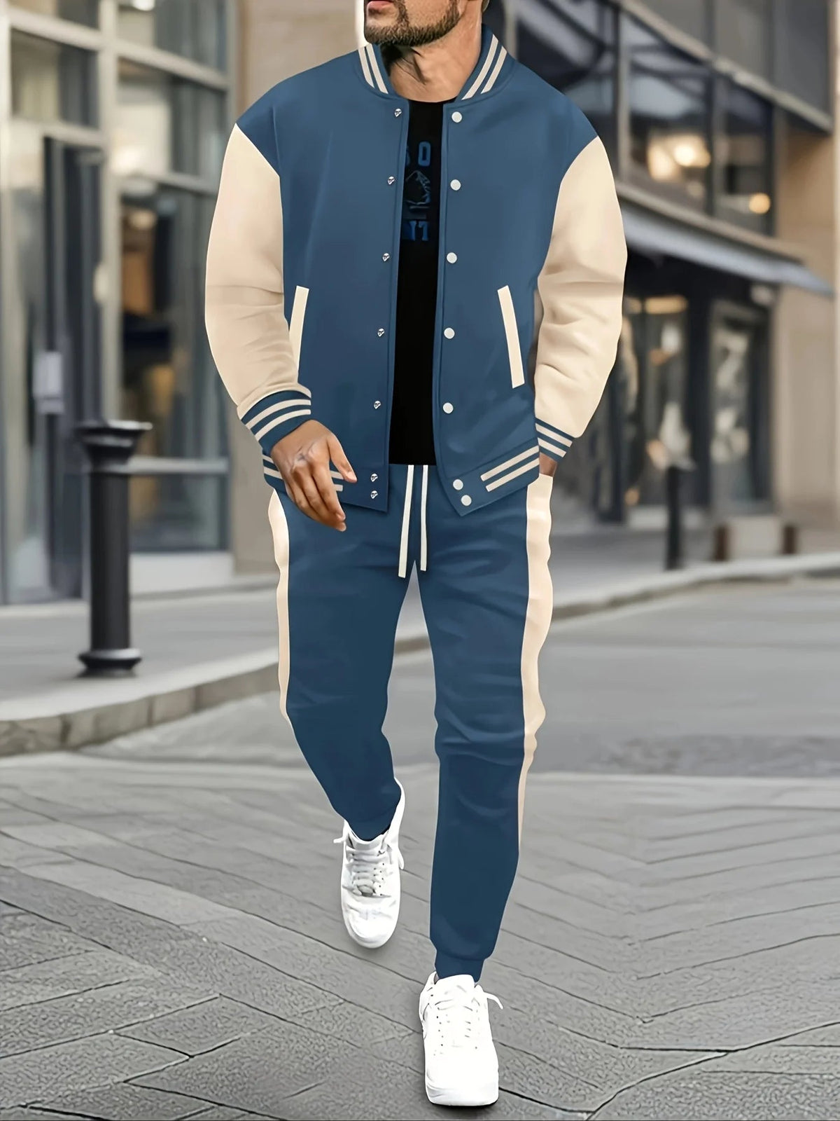 Men's Casual Baseball Jacket & Pants Color Block Polyester Button-Up with Belt Detail for Spring/Fall 1/2pieces Good Vibrations