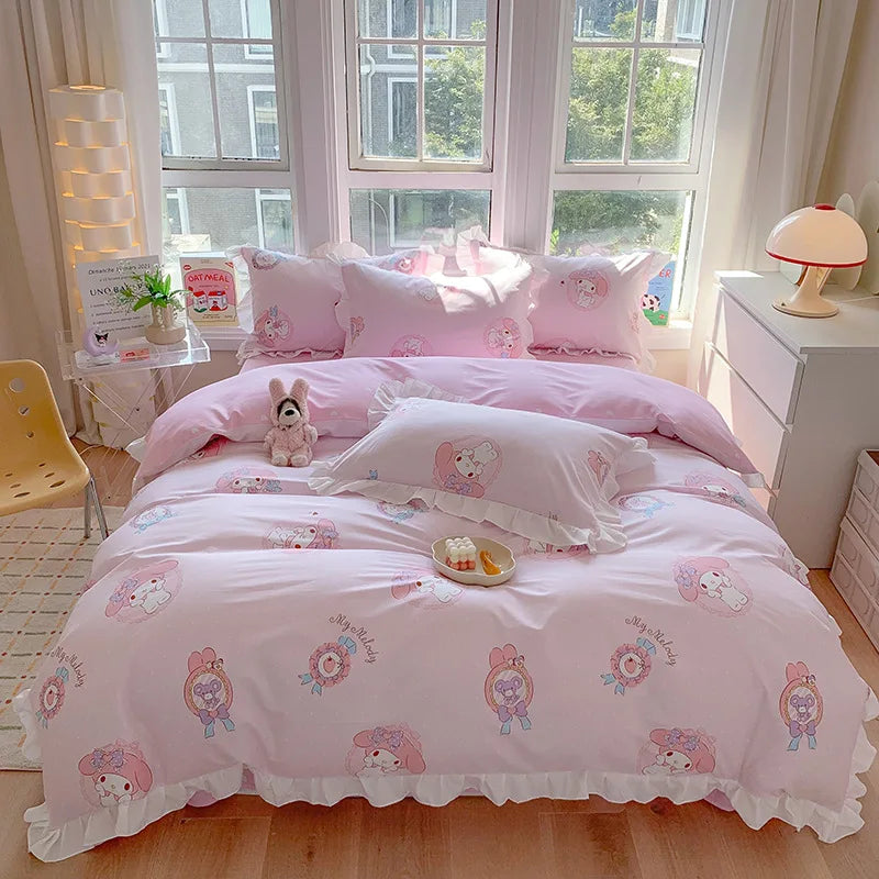 Sanrio Kids Bedding Set Kuromi Cinnamoroll Mymelody Duvet Cover Bed Sheet Pillowcase Bedsheet Double Single King Queen Twin Size Good Vibrations
