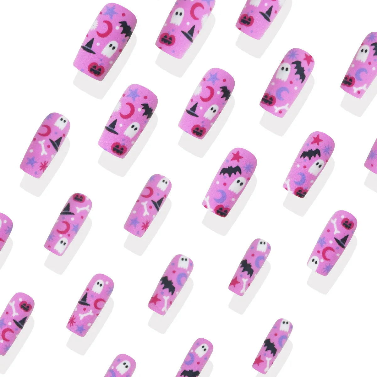 24pcs Pink Long Coffin Fake Nail Tips Halloween Ghost Bat Print Press on Nail Wearable Detachable European Long False Nails Good Vibrations