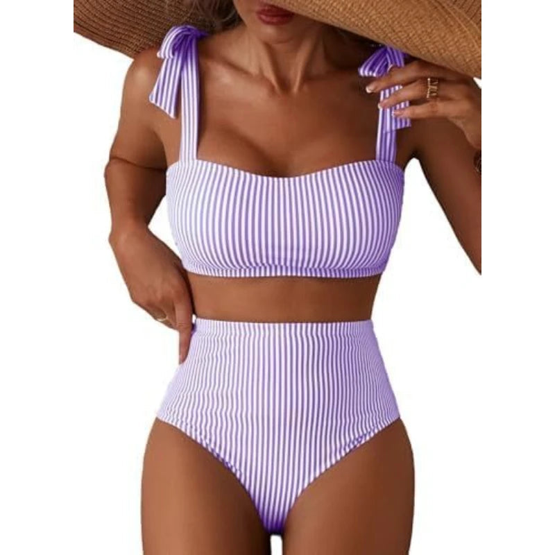 Women Two-piece Halter Vest Swimwear Sexy Striped Ruffle High Waisted Bikinis Set Female Bathing Suit Tie Strap Beachwear Good Vibrations