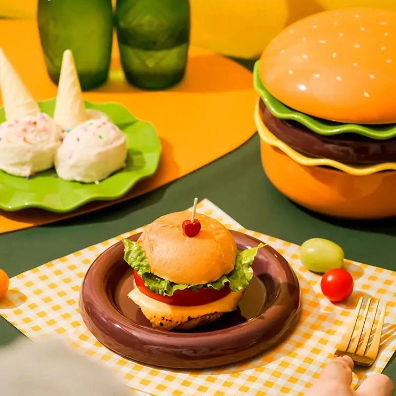 5PCS Ceramics Big Hamburger Bowl Cute Dessert Fruit Salad Plate Stackable Sushi Ramen Bowl Kitchen Accessories Dinnerware Sets Good Vibrations