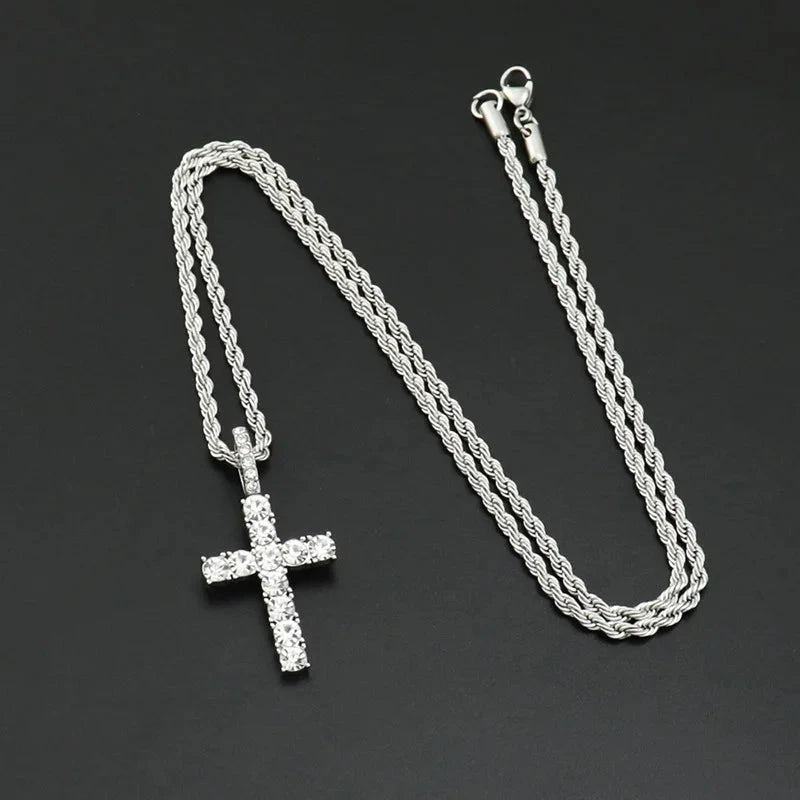 Iced Out Crystal Zircon Cross Pendant Necklace Silver Plated Twisted Chain Necklaces For Men Women Good Vibrations