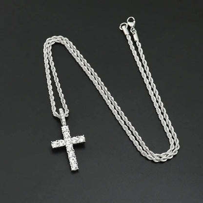 Iced Out Crystal Zircon Cross Pendant Necklace Silver Plated Twisted Chain Necklaces For Men Women Good Vibrations