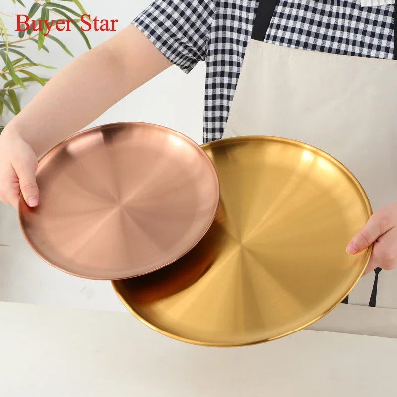 Stainless Steel Dinner Plates European Style Dessert Plate Kitchen Serving Dishes Salad Plate Cake Tray Western Steak Round Tray Good Vibrations