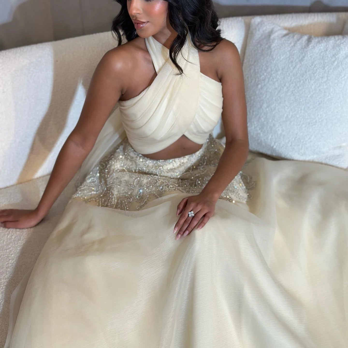 Sharon Said Saudi Arabic Beige Halter Evening Dresses for Wedding Dubai Crystal Long Formal Gowns Party Dress SS444 Customized