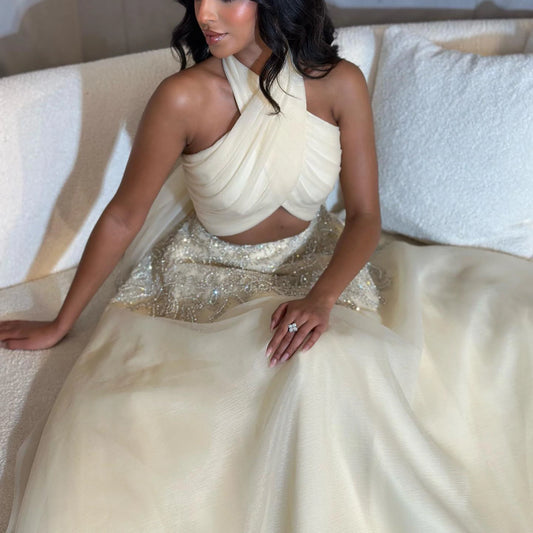 Sharon Said Saudi Arabic Beige Halter Evening Dresses for Wedding Dubai Crystal Long Formal Gowns Party Dress SS444 Customized