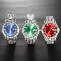 3pcs Men's Silver Watch Set Hip-hop Punk Inlay Diamond Watch+Cuban Chain+Bracelet Comes With Strap Adjuster Stylish Jewelry Gift Good Vibrations