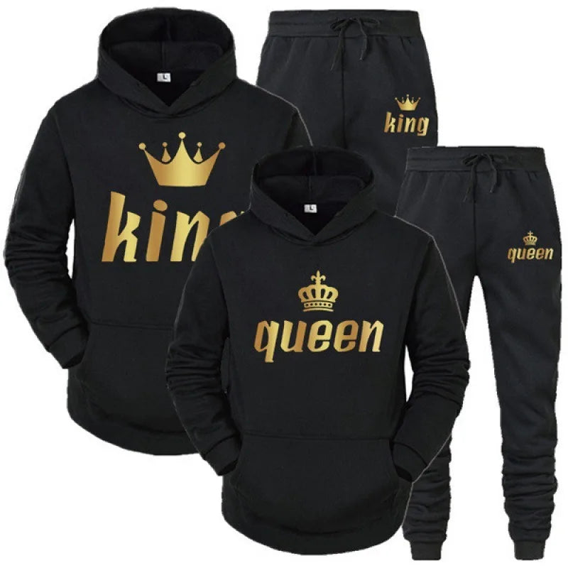 Fashion Long Sleeves KING And QUEEN Printed Hooded Suits Autumn Winter Couple Hoodie + Pants 2-Piece Suit Good Vibrations
