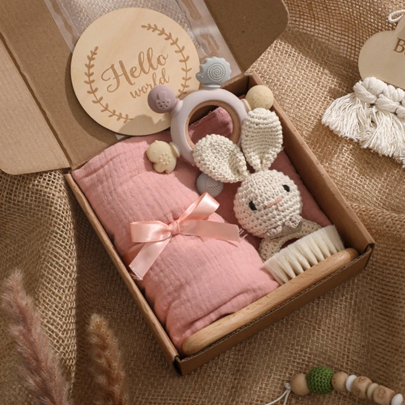 1Set Baby Bath Toy Set Food Grade Silicone Teether Toys Wooden Ring Crochet Rattle Milestones Card Bath Brush For Newborn Gift Good Vibrations