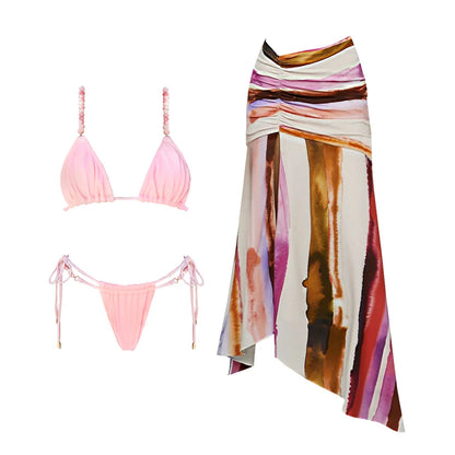 2Pcs Striped Swimsuit With Long Skirt Sexy Women Bikini Push Up Swimwear Halter Biquini Female Bathing Suit Slimming Beachwear Good Vibrations