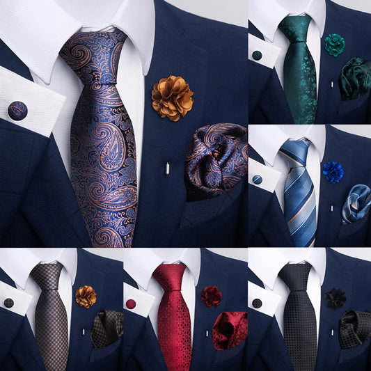 Luxury Mens Ties Floral Black Gold Ties Paisley NeckTie Pocket Square Cufflinks Brooch Set Men's Wedding Party Tie Good Vibrations