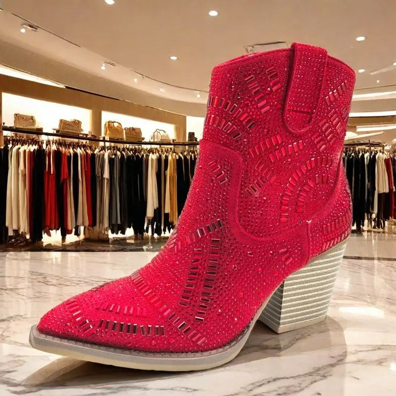 Ankle Boots for Women Luxury Full Diamond Chelsea Boots Western Cowboy Y2k Fashion Wedges Pointed Toe Zipper Women Heels shoes Good Vibrations