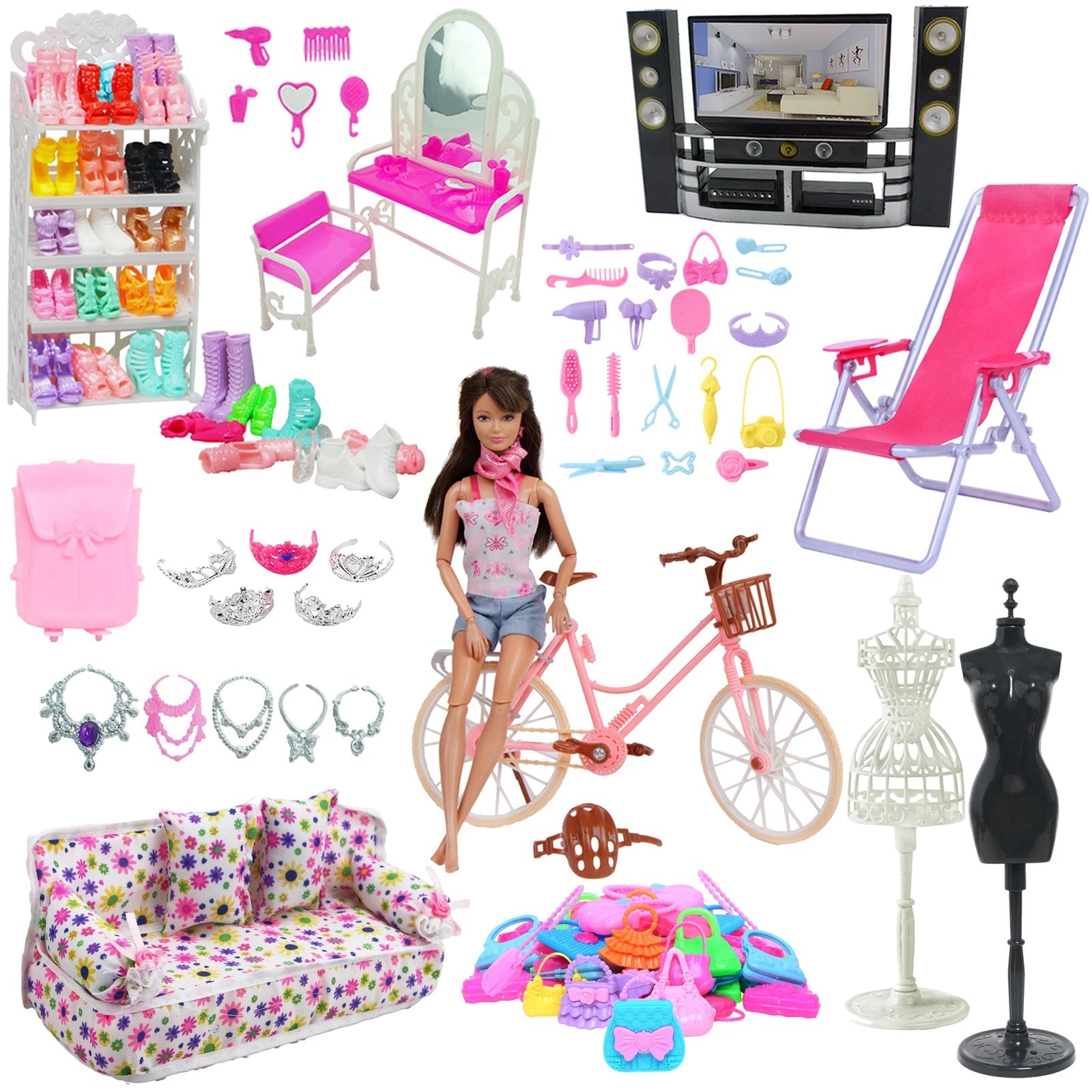 Mixed Doll Accessories Shoe Rack Pink Bed Bike Bag Sofa Dresser Display Doll Holder Dollhouse Furniture for 30cm Girl Doll Toy Good Vibrations