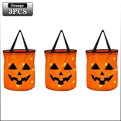 1-20PC LEDLight Up Halloween Pumpkin Candy Tote Bag Basket for Kids Trick or Treat Party Bucket for Holiday Event Decoration Use Good Vibrations