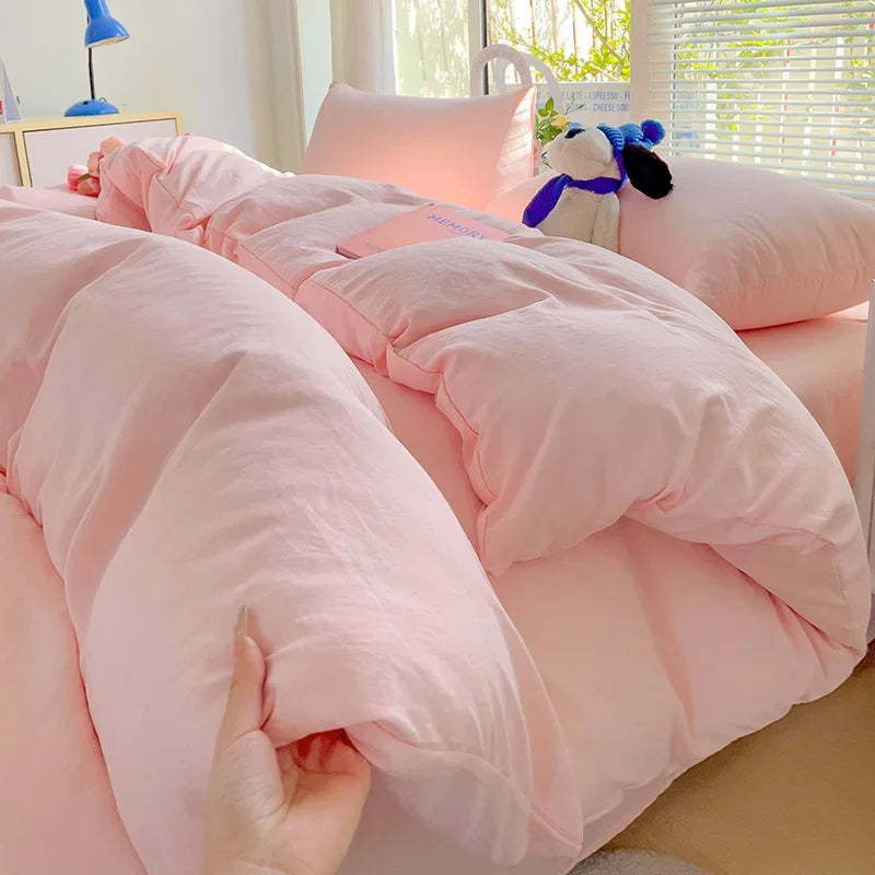 Solid Cotton Bedding Set For Boys with Sheet Duvet Cover Pillowcase Single Couple Bedsheet King Queen Double Twin Size Bed Linen Good Vibrations