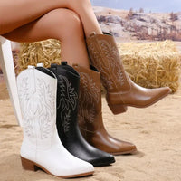 Women's Mid-Calf Boots 2024 New Autumn Winter Shoes Women Fashion Chunky Heeled Boots Vintage Western Cowgirl High Heels Boots Good Vibrations