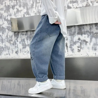 New Spring Autumn Childrens Boys Casual Trousers Foreign Side Pockets Polished Boys Jeans Stretch Versatile Kids Boys Pants Good Vibrations