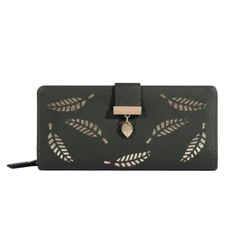 Women Wallet PU Leather Purse Female Long Wallet Gold Hollow Leaves Pouch Handbag For Women Coin Purse Card Holders Clutch Good Vibrations