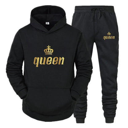 Fashion Long Sleeves KING And QUEEN Printed Hooded Suits Autumn Winter Couple Hoodie + Pants 2-Piece Suit Good Vibrations
