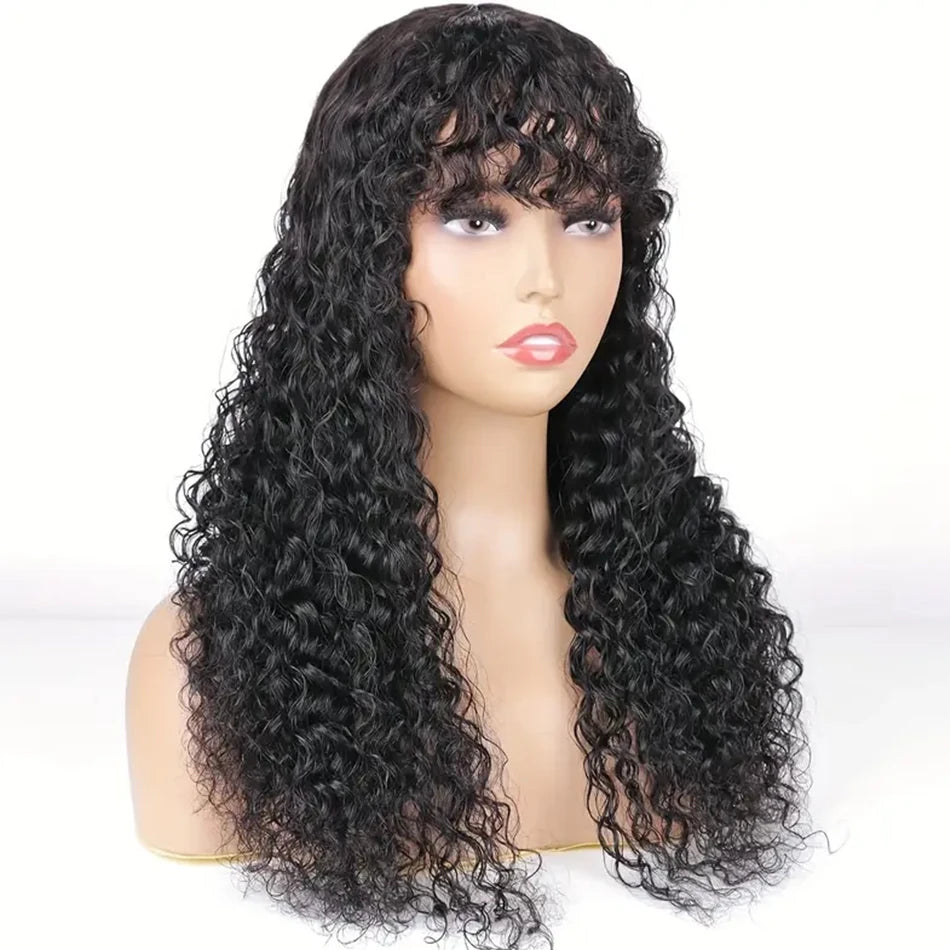Water Wave Human Hair Wigs with Bangs None Lace Front Wigs Glueless Wigs Virgin Hair for Women 180% Machine Made Wigs Natural Good Vibrations