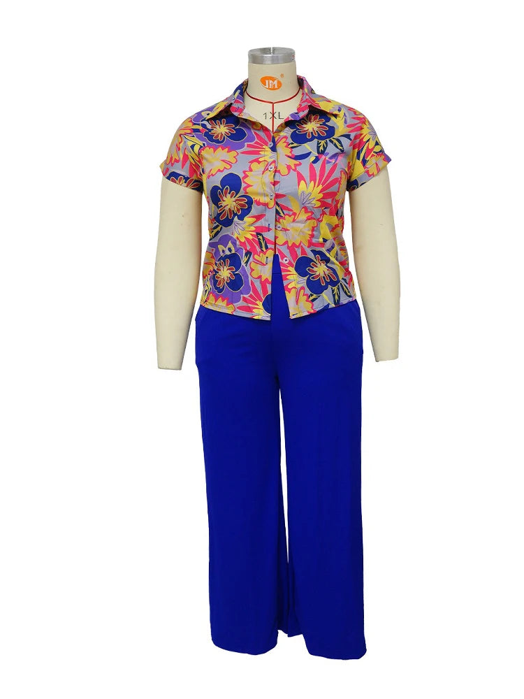Woman 2 Piece Outfit Set Plus Size Summer Casual Suit Set Floral Print Shirt Pants Set Basic Lounge Wear Good Vibrations