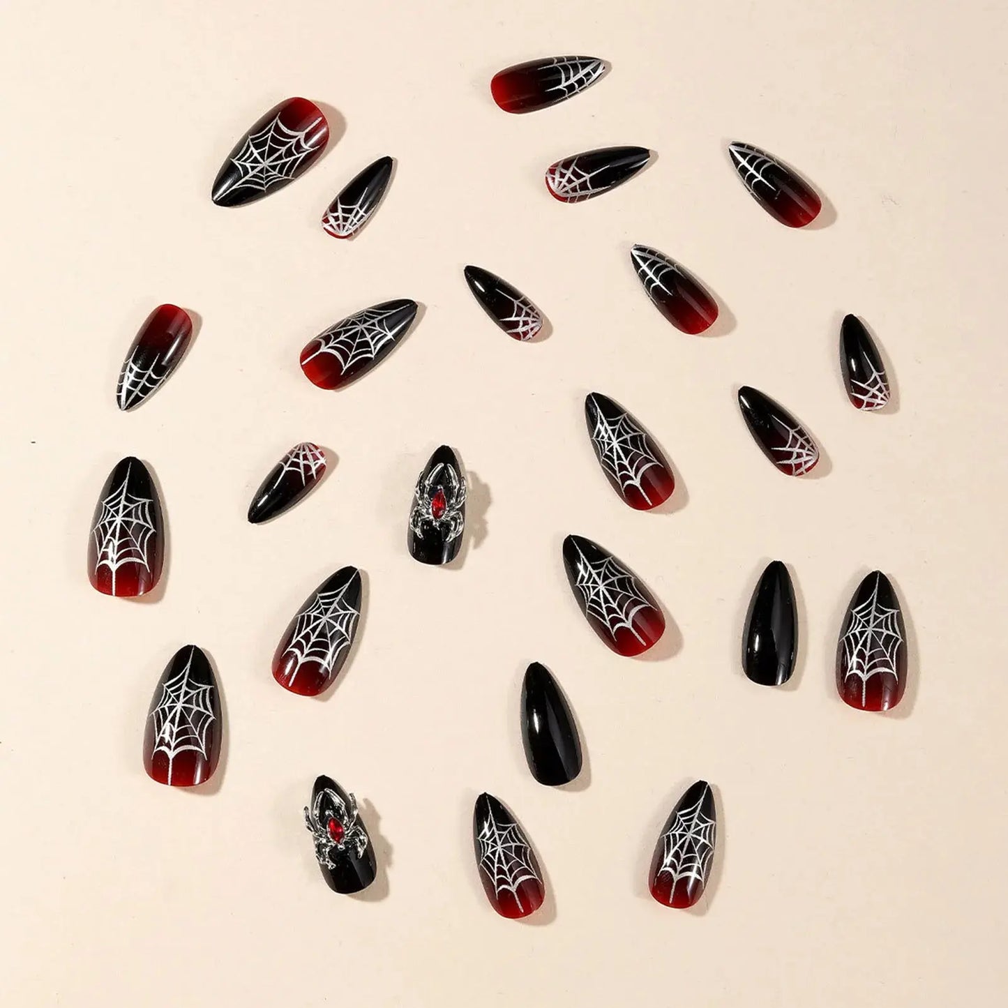 Halloween Fake Nails with 3D Metal Spider Designs Almond Black Red Press on Nails Women Girls Halloween Party False Nails 24Pcs Good Vibrations