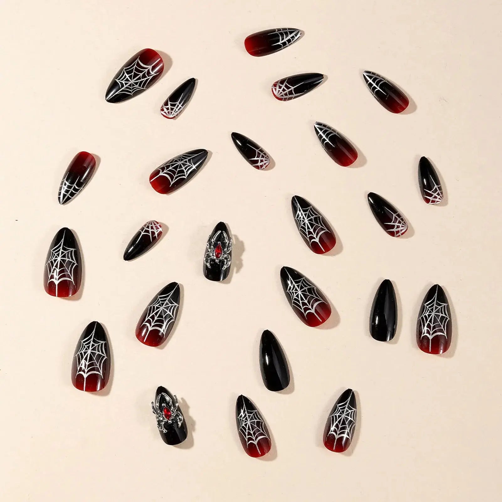Halloween Fake Nails with 3D Metal Spider Designs Almond Black Red Press on Nails Women Girls Halloween Party False Nails 24Pcs Good Vibrations