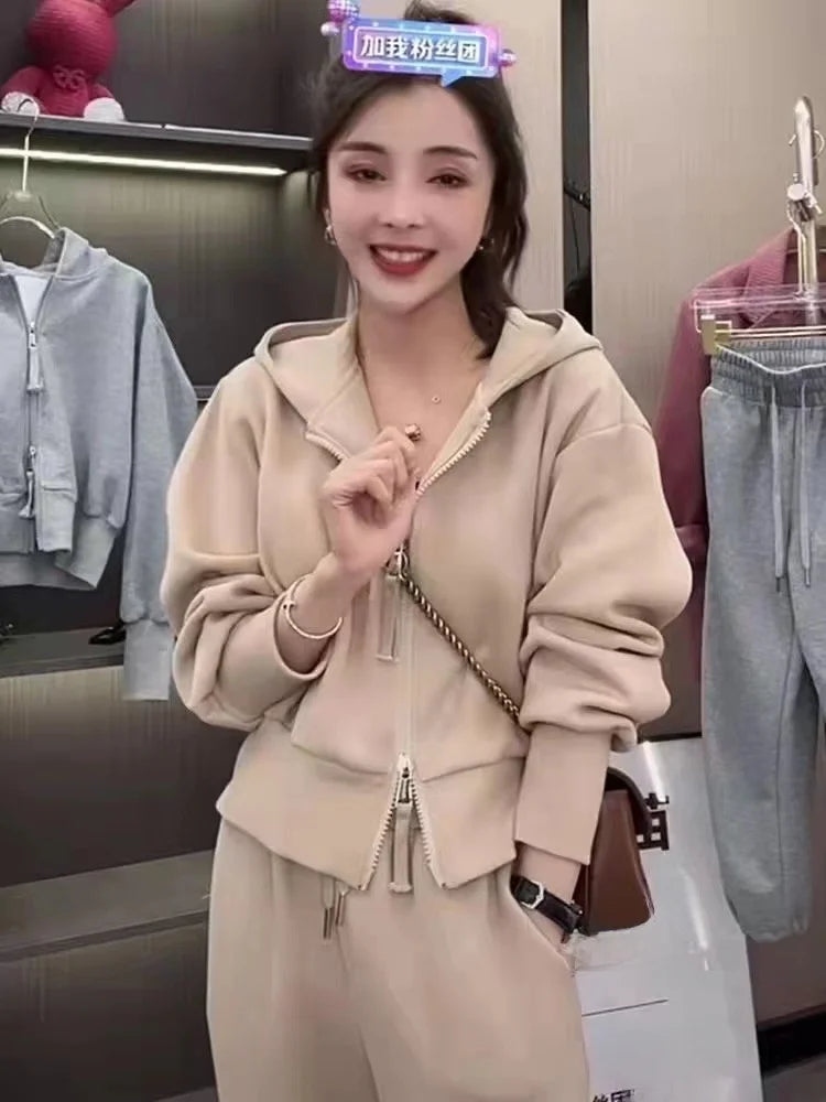 Casual Hooded Open Cardigan Sweatshirt Slimming Sporty Wide Leg Pants Two Piece Set Fashionable Versatile Polyester Long Sleeve Good Vibrations