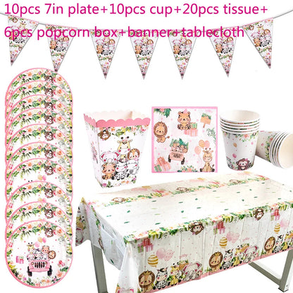 Pink Jungle Safari Birthday Decorations Animal Disposable Tableware Forest Woodland Baby Shower for Girl Birthday Party Supplies Good Vibrations