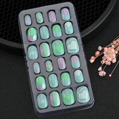 24Pcs/box Kids nails for Girl Cartoon Pattern False Nail Cute Child Fake Nails Tips Kawaii Acrylic Artificial Press on Nail+Tool Good Vibrations