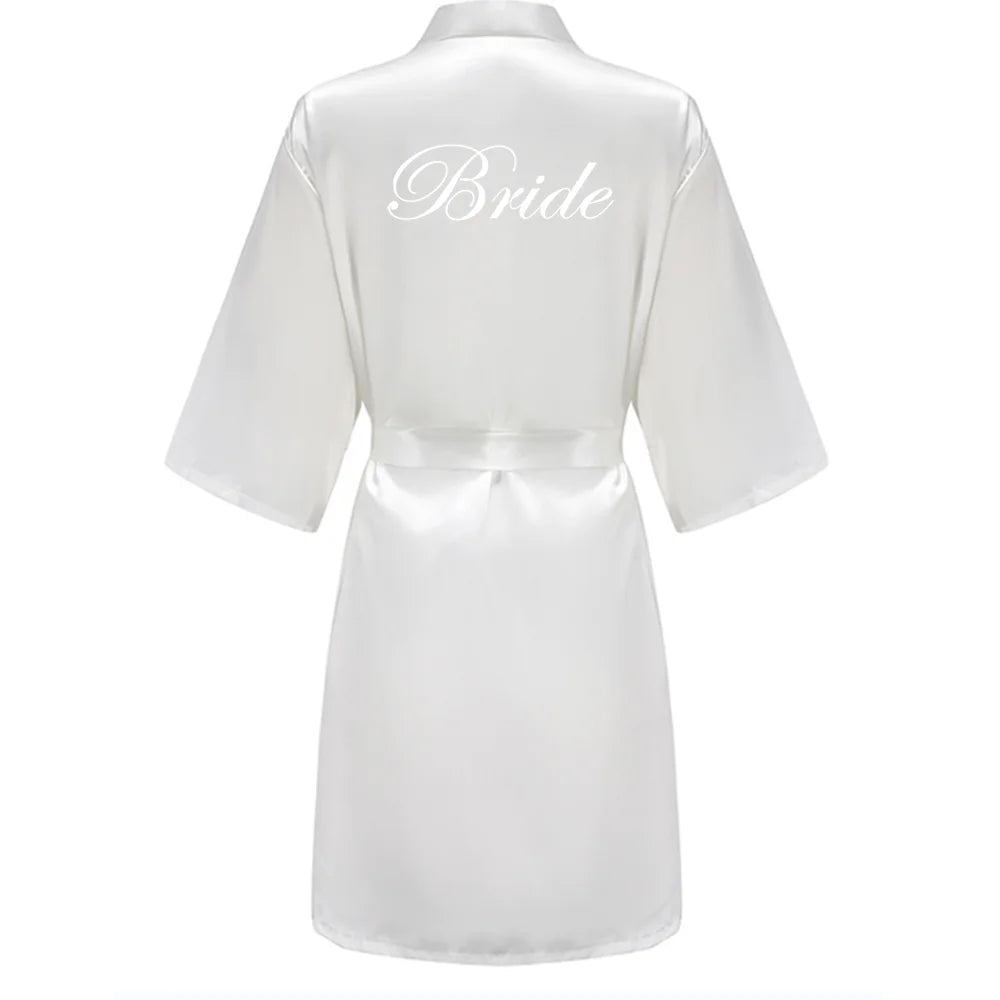 Grass Green Women's White Letter Bride Bridesmaid Short Satin Robes for Wedding Party Getting Ready Good Vibrations