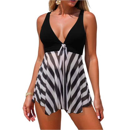 Women's Swim Dress Two Piece Set Summer Beach Outfit Blue White Striped Swimsuit Halter Bikini Top Skirt Cover Up Sexy Swimwear Good Vibrations