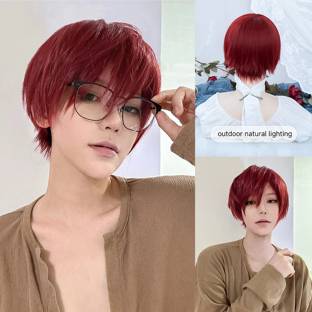 8Inch Wine Red Color Handsome Synthetic Wigs With Bang Short Straight Hair Wig For Man or Women Daily Use Cosplay Heat Resistant Good Vibrations
