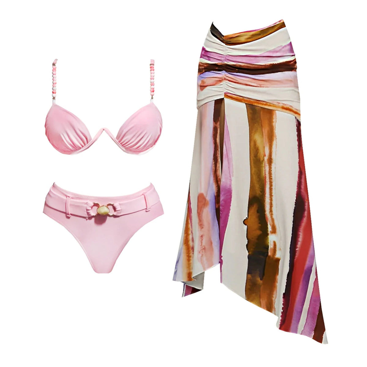 2Pcs Striped Swimsuit With Long Skirt Sexy Women Bikini Push Up Swimwear Halter Biquini Female Bathing Suit Slimming Beachwear Good Vibrations