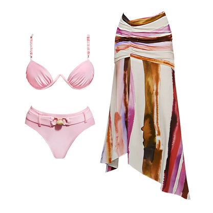 2Pcs Striped Swimsuit With Long Skirt Sexy Women Bikini Push Up Swimwear Halter Biquini Female Bathing Suit Slimming Beachwear Good Vibrations