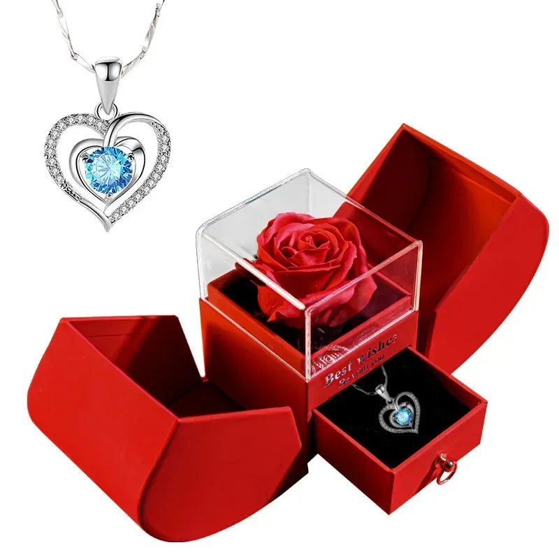 Gift for Women Eternal Rose Gift Box /w Heart Necklace I Love You To The Moon and Back Flower Jewelry Box for Wedding Birthday Good Vibrations