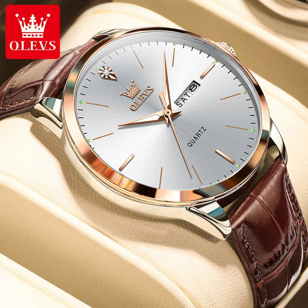 OLEVS 2935 Fashion Business Brand Men Watches Leather Strap Trend Week Calendar Quartz Watch Luminous Waterproof 43mm Dial Good Vibrations