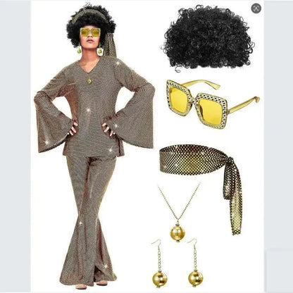 70s Women Disco Outfit Costume Disco Party Top Pants Sunglasses Ball Necklace Earring Wig for Halloween Easter Party Dress Up Good Vibrations