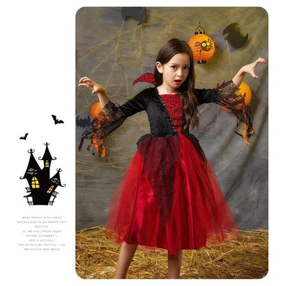 Vampire Costume for Girls Halloween Princess Party Dress Kids Cosplay Dresses Children Stand Collar Tulle Lace Black Red Clothes Good Vibrations
