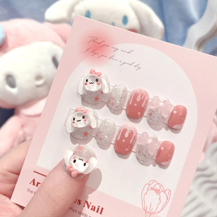 Sanrio Kawaii Pink My Melody Fake Nails 24Pc 3D kuromi Anime Cute Nail Patches False Nail Tips Cartoon Y2K Fashion Press on Nail Good Vibrations