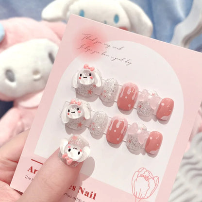 Sanrio Kawaii Pink My Melody Fake Nails 24Pc 3D kuromi Anime Cute Nail Patches False Nail Tips Cartoon Y2K Fashion Press on Nail Good Vibrations