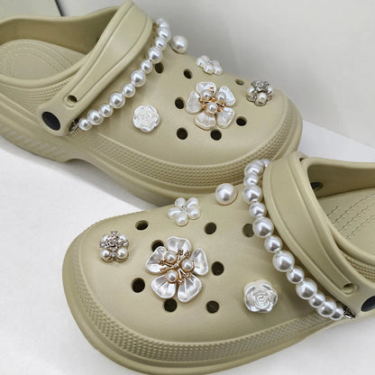 12pcs Luxury ABS Pearl Rose Flower Chain Charms for Crocs Decoration Suitable for Clogs Bogg Beach Bags Party Gift Idea Good Vibrations