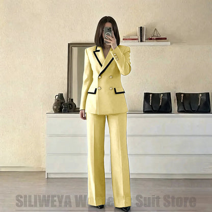 Women's Red Suit Two Piece Set Double Breasted Blazer with Black Trim and Pants Elegant Formal Fashion Daily Casual Party Tuxedo Good Vibrations